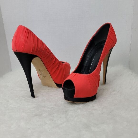 Giuseppe Zanotti Red Ruched Silk Peep Toe Platform Pumps Size 6.5 - Picture 4 of 9